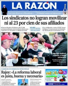Portada de La Razón 20/20/2012